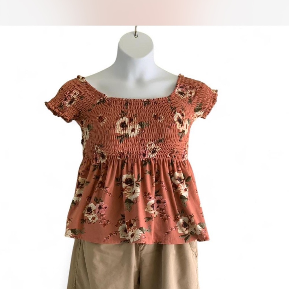 Boho Fairycore Babydoll Rue21 Rust Floral Smocked Peplum Top size M